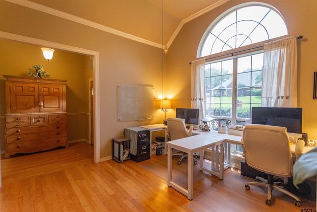 8416 Crooked Trl, Tyler, TX 75703 - home office with light wood finished floors, vaulted ceiling, and crown molding