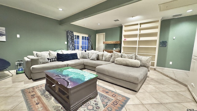 3004 Tower Dr, Tyler, TX 75701 - living room featuring light tile patterned flooring, french doors, beam ceiling, and recessed lighting