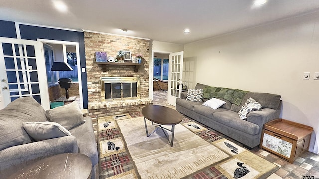 3004 Tower Dr, Tyler, TX 75701 - living area featuring a brick fireplace, recessed lighting, and french doors