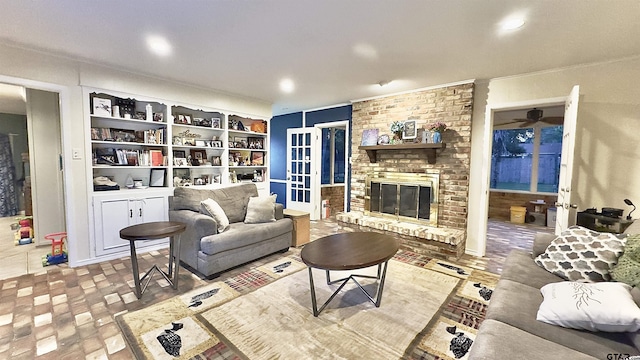 3004 Tower Dr, Tyler, TX 75701 - living room with brick patterned floors and a fireplace
