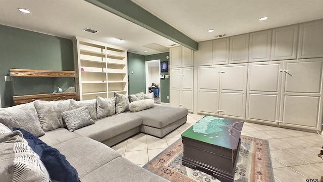 3004 Tower Dr, Tyler, TX 75701 - living room featuring light tile patterned floors, recessed lighting, and beamed ceiling
