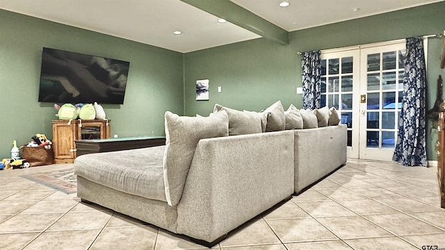 3004 Tower Dr, Tyler, TX 75701 - living room featuring light tile patterned floors, french doors, beamed ceiling, and recessed lighting
