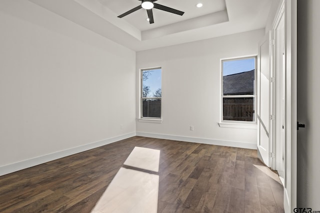 empty room with a healthy amount of sunlight, baseboards, a raised ceiling, and dark wood-style flooring