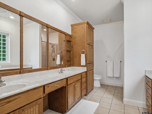 121 Rolling Rdg, Holly Lake Ranch, TX 75765 - full bath featuring crown molding, double vanity, a shower stall, tile patterned flooring, and baseboards