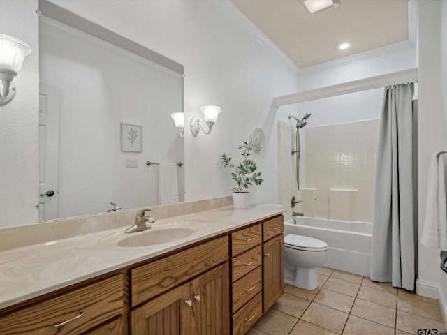 121 Rolling Rdg, Holly Lake Ranch, TX 75765 - full bathroom with ornamental molding, tile patterned floors, vanity, toilet, and shower / bath combination with curtain