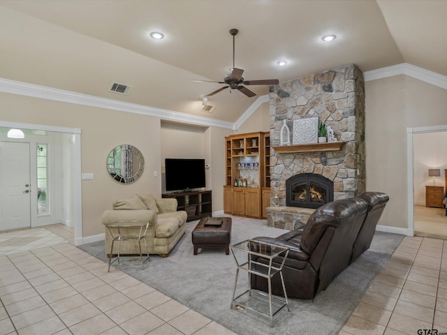 121 Rolling Rdg, Holly Lake Ranch, TX 75765 - living room with lofted ceiling, light tile patterned floors, a ceiling fan, ornamental molding, and baseboards