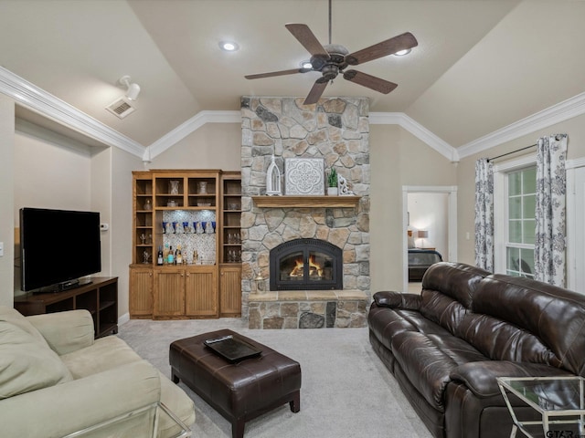 121 Rolling Rdg, Holly Lake Ranch, TX 75765 - carpeted living area with lofted ceiling, a ceiling fan, a fireplace, and crown molding