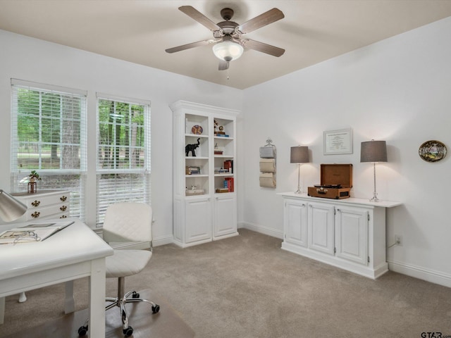121 Rolling Rdg, Holly Lake Ranch, TX 75765 - office area with baseboards, light colored carpet, and a ceiling fan