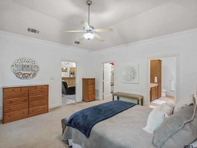 121 Rolling Rdg, Holly Lake Ranch, TX 75765 - bedroom with crown molding, ensuite bath, light carpet, baseboards, and ceiling fan