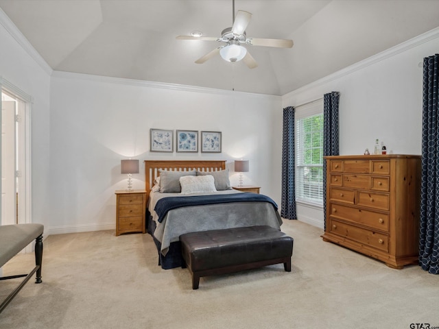 121 Rolling Rdg, Holly Lake Ranch, TX 75765 - bedroom with vaulted ceiling, light colored carpet, a ceiling fan, ornamental molding, and baseboards