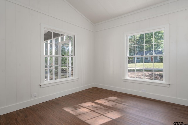 empty room featuring dark wood finished floors, vaulted ceiling, and baseboards