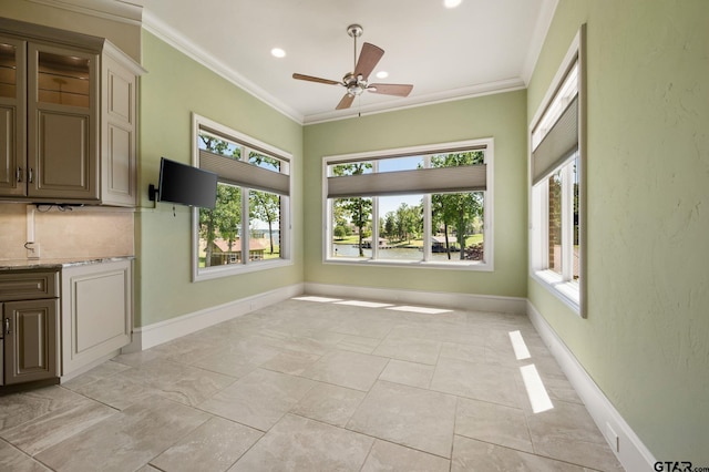 5581 Nancy Cir, Chandler, TX 75758 - unfurnished dining area with crown molding, ceiling fan, baseboards, and recessed lighting