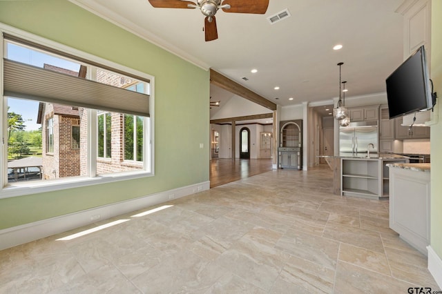 5581 Nancy Cir, Chandler, TX 75758 - kitchen featuring built in refrigerator, open shelves, baseboards, ornamental molding, and ceiling fan