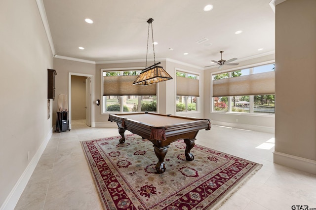 5581 Nancy Cir, Chandler, TX 75758 - rec room featuring crown molding, baseboards, billiards, recessed lighting, and a ceiling fan