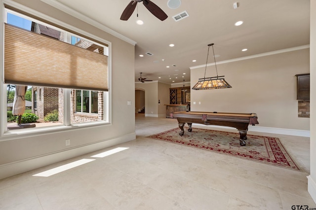 5581 Nancy Cir, Chandler, TX 75758 - game room with arched walkways, ceiling fan, crown molding, recessed lighting, and billiards table