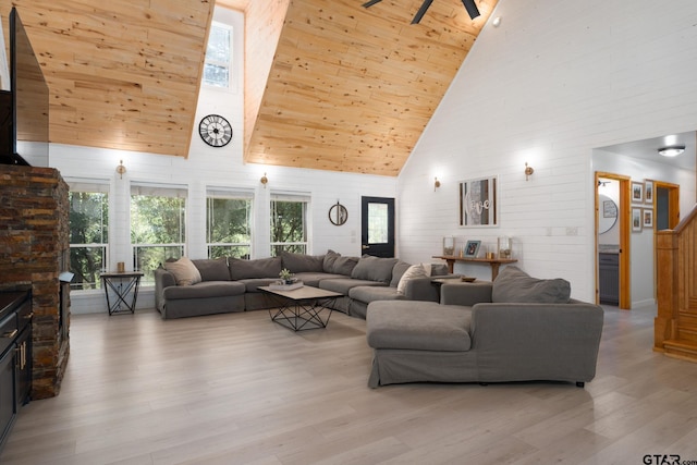 living room with light wood-type flooring, wood walls, ceiling fan, high vaulted ceiling, and wood ceiling