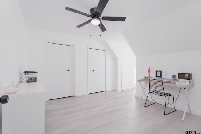 home office featuring ceiling fan and light wood-type flooring