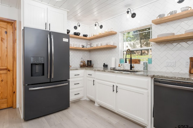 kitchen with white cabinets, fridge with ice dispenser, and dishwasher