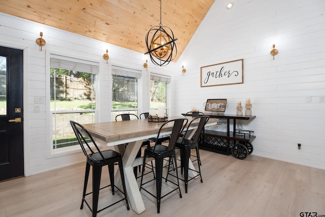 dining room with high vaulted ceiling, light hardwood / wood-style floors, and wood ceiling