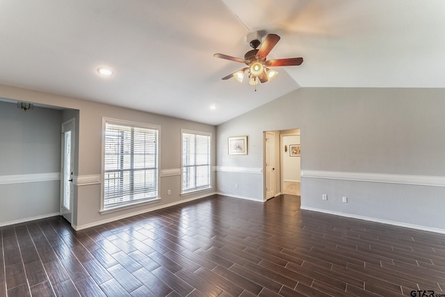 1853 Woodbridge Dr, Sulphur Springs, TX 75482 - unfurnished room featuring a ceiling fan, dark wood-style floors, vaulted ceiling, and baseboards