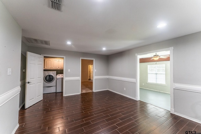 1853 Woodbridge Dr, Sulphur Springs, TX 75482 - unfurnished living room featuring washer and dryer, dark wood finished floors, a ceiling fan, baseboards, and recessed lighting