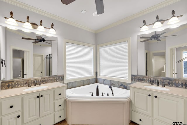 bathroom with a washtub, vanity, and crown molding