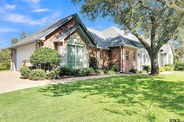 view of front of house with a garage and a front lawn