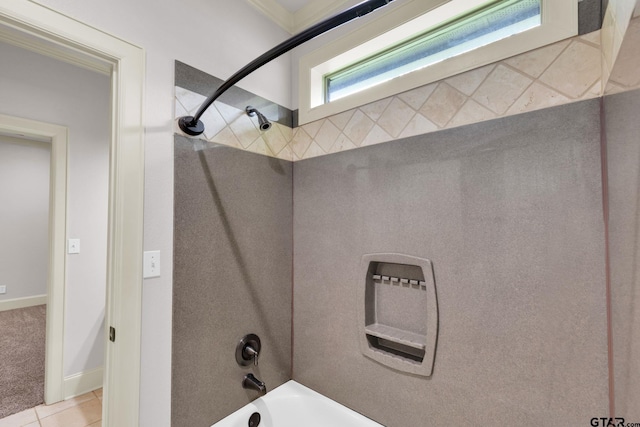 bathroom featuring shower / tub combination, tile patterned floors, and ornamental molding