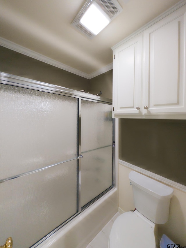 full bathroom with toilet, crown molding, and combined bath / shower with glass door