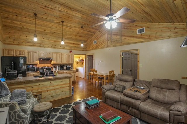 308 N Kay St, Winona, TX 75792 - living room featuring wood ceiling, lofted ceiling, a ceiling fan, and washer / clothes dryer
