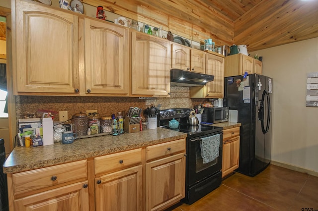 308 N Kay St, Winona, TX 75792 - kitchen featuring black appliances, under cabinet range hood, tasteful backsplash, wooden ceiling, and concrete flooring