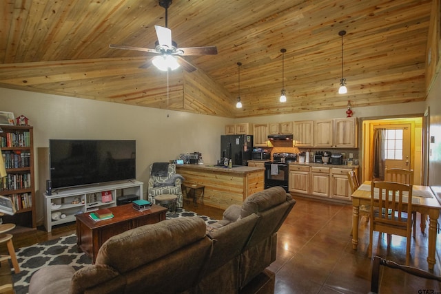 308 N Kay St, Winona, TX 75792 - living area with lofted ceiling, wood ceiling, ceiling fan, and dark tile patterned flooring