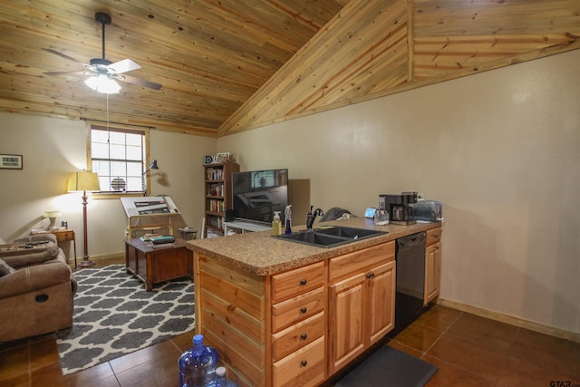 308 N Kay St, Winona, TX 75792 - kitchen with dishwasher, dark tile patterned floors, vaulted ceiling, a ceiling fan, and wooden ceiling