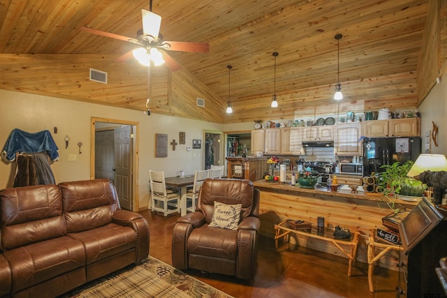308 N Kay St, Winona, TX 75792 - living area featuring wooden ceiling, a ceiling fan, wood finished floors, and high vaulted ceiling