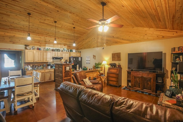308 N Kay St, Winona, TX 75792 - living room with wooden ceiling, vaulted ceiling, ceiling fan, and dark tile patterned flooring