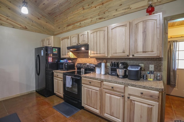 308 N Kay St, Winona, TX 75792 - kitchen with black appliances, under cabinet range hood, light brown cabinetry, dark tile patterned floors, and wooden ceiling