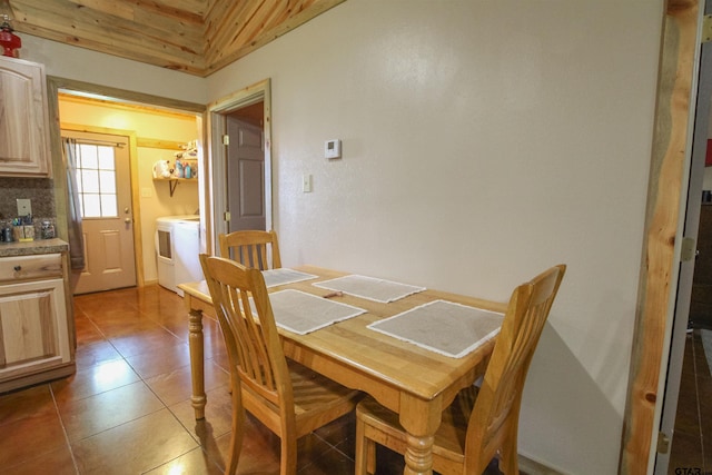 308 N Kay St, Winona, TX 75792 - tiled dining area with separate washer and dryer, lofted ceiling, and wooden ceiling