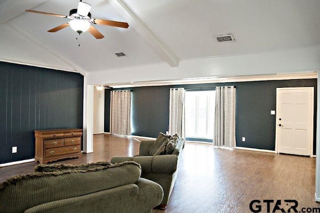 living room with vaulted ceiling with beams, hardwood / wood-style floors, and ceiling fan