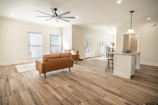 living room featuring crown molding, ceiling fan, and light wood-type flooring