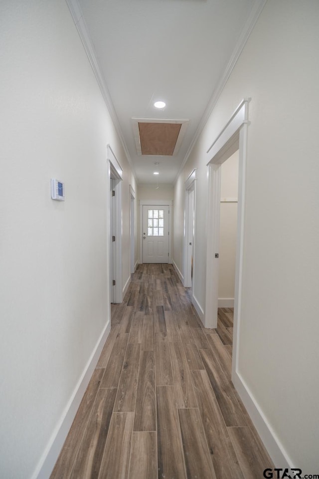 corridor featuring ornamental molding and wood-type flooring