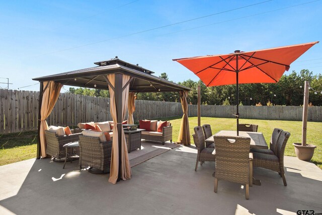 view of patio / terrace with a gazebo and outdoor lounge area