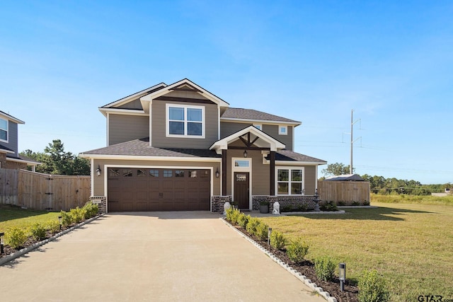 craftsman inspired home with a front lawn and a garage