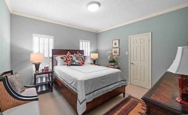 bedroom with a textured ceiling, light colored carpet, and crown molding