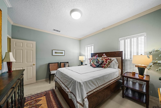 bedroom featuring carpet floors, crown molding, a textured ceiling, and visible vents