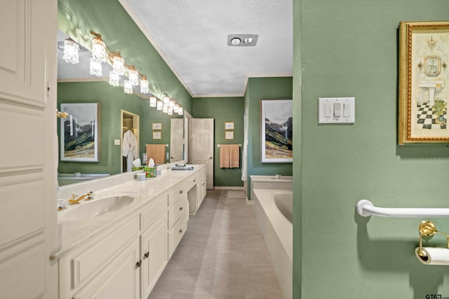 full bath featuring double vanity, ornamental molding, a sink, a bath, and baseboards