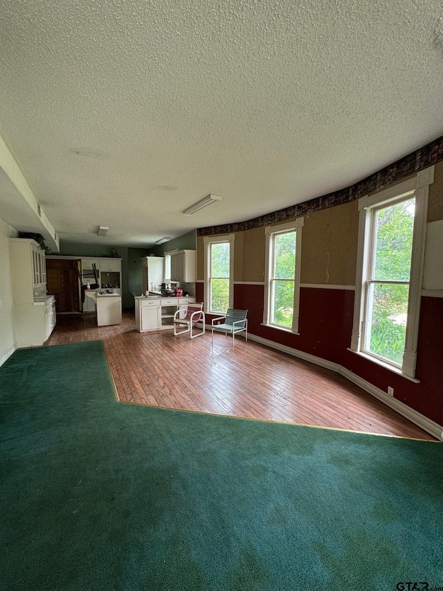 unfurnished living room with baseboards, dark colored carpet, dark wood-style floors, and a textured ceiling