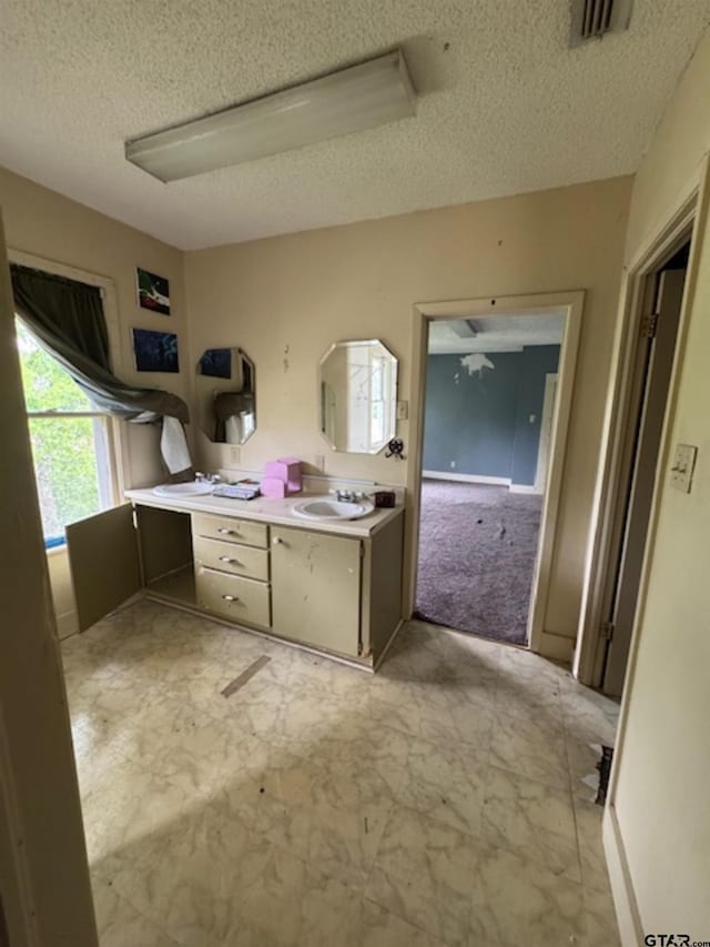 bathroom with visible vents, a textured ceiling, and vanity