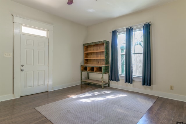 entrance foyer featuring ceiling fan and dark wood-type flooring