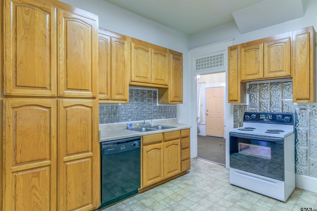 kitchen featuring dishwasher, decorative backsplash, white range with electric cooktop, and sink