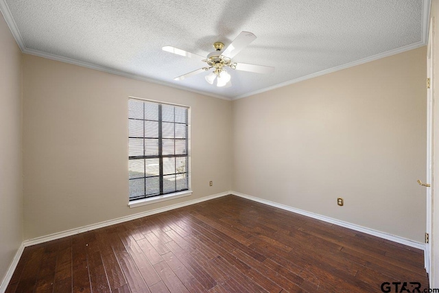 unfurnished room featuring ceiling fan, dark wood-type flooring, and ornamental molding